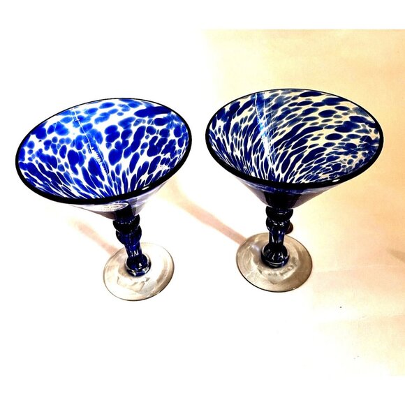 NWT - Set  2 Hand Blown Blue Confetti Martini Margarita Stem Glasses Mexican - Picture 4 of 9